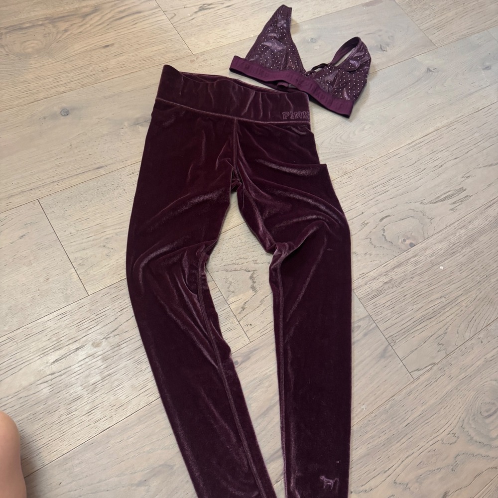 Victoria's Secret PINK Velvet Leggings & Studded Bralette Set Burgundy Small Med